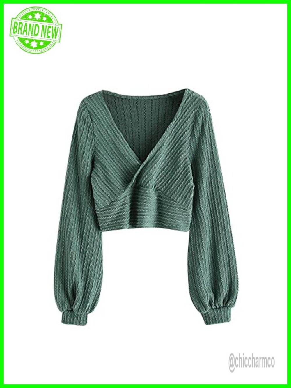 Ribbed Cropped Knit Top with Drawstring Ruched V-Neck Lantern Sleeve